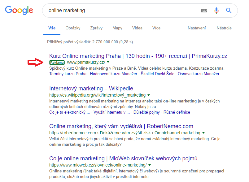 PPC reklama ve vyhledávání Příklad PPC reklamy ve vyhledávání v Google CZ